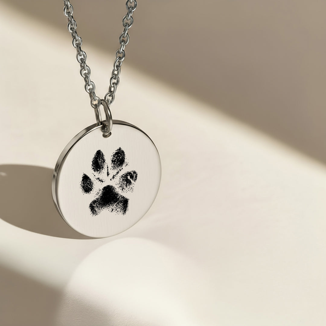 Engraved silver pet paw print pendant memorial necklace
