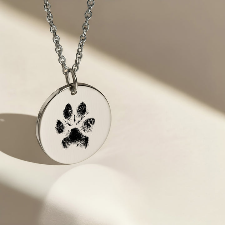 Engraved silver pet paw print pendant memorial necklace
