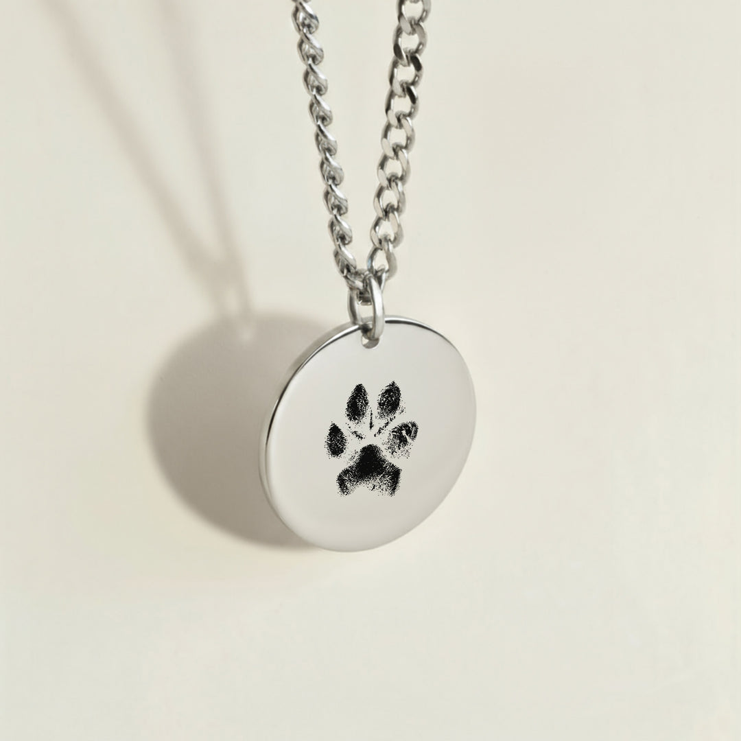 Silver paw print necklace with curb chain for men or women