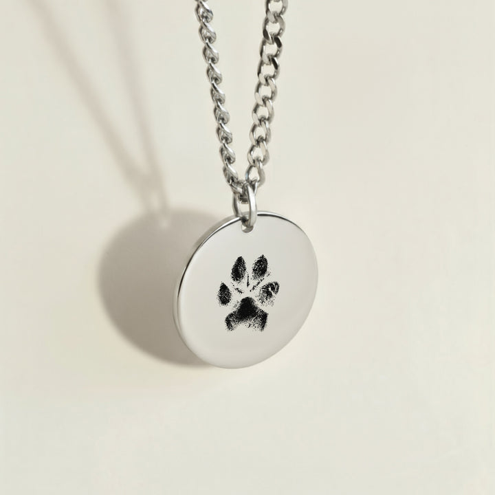 Silver paw print necklace with curb chain for men or women
