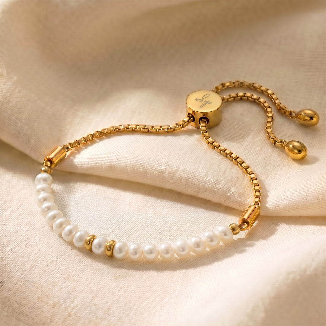 Gold June birthstone pearl bracelet with 4.5mm genuine freshwater pearls on adjustable slider chain