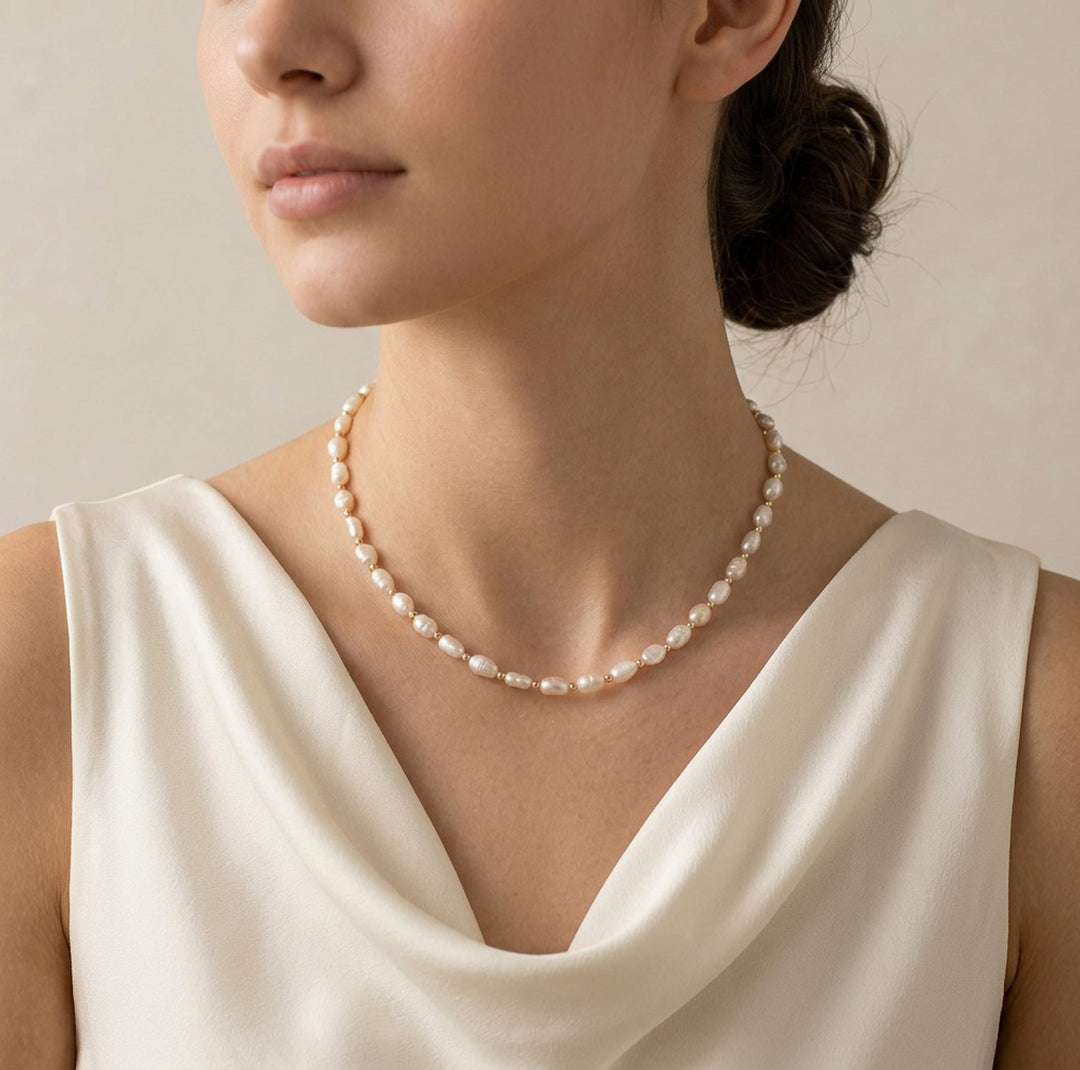 14K gold filled pearl choker necklace on model — June birthstone, hand-strung in Chester