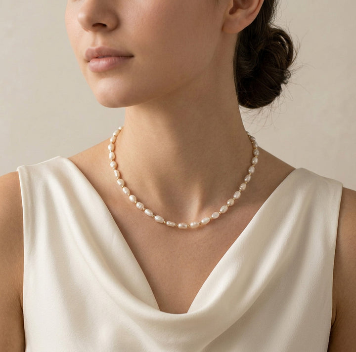 14K gold filled pearl choker necklace on model — June birthstone, hand-strung in Chester