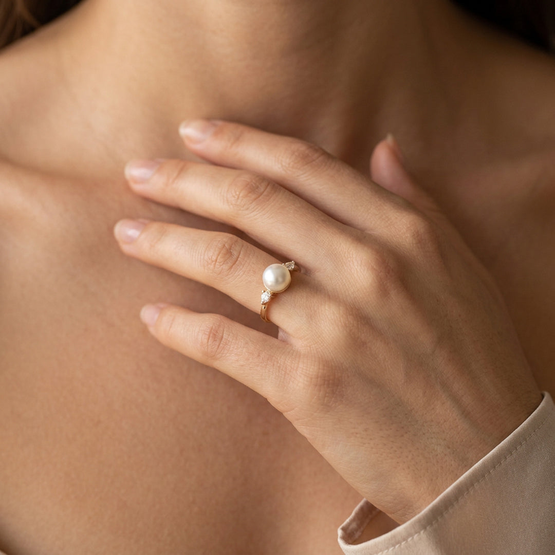 Pearl ring worn on hand — gold vermeil with real freshwater pearl centre stone