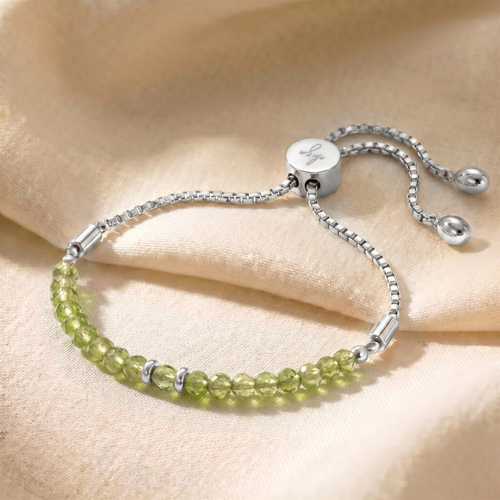 Silver August birthstone peridot bracelet with adjustable slider chain