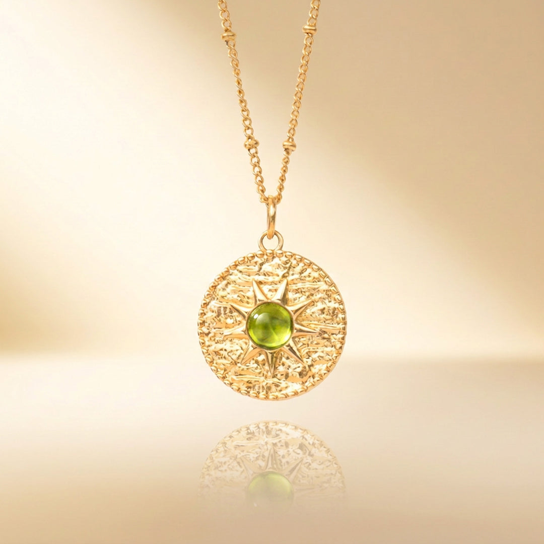 Gold peridot sun necklace — real peridot, handmade UK
