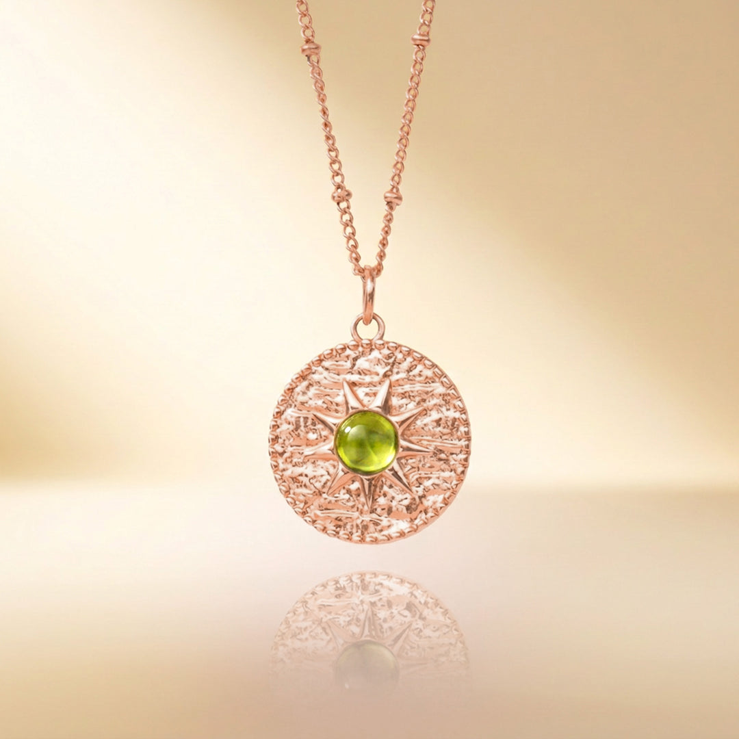 Rose gold peridot sun necklace — real peridot, handmade UK