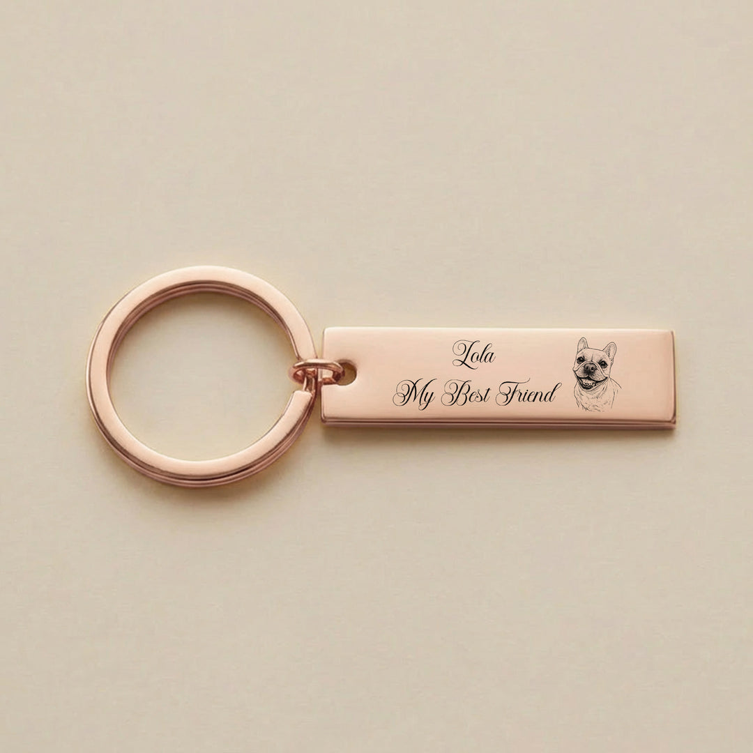 Rose gold personalised dog memorial keyring with name and French bulldog engraving