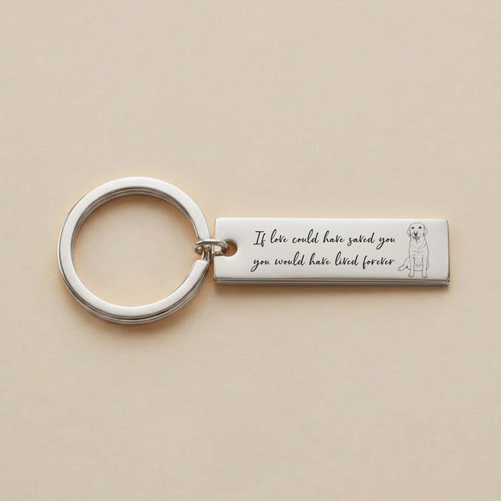 Silver dog memorial keyring with engraved quote and sitting labrador illustration