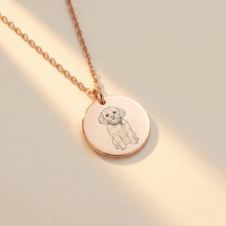 Beloved pet portrait engraved on rose gold round pendant