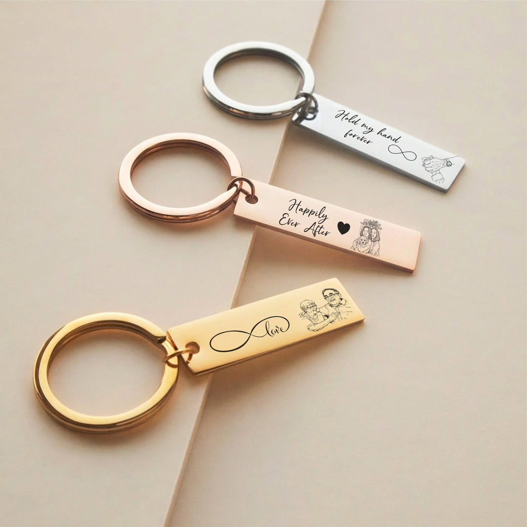 set of three personalised photo keyrings in silver rose gold and gold with romantic engravings