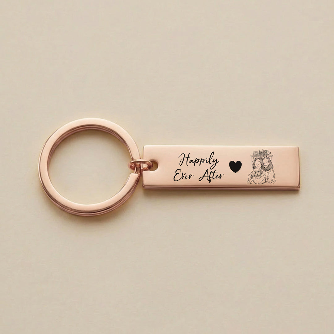 rose gold photo keyring with “happily ever after” engraving and couple portrait