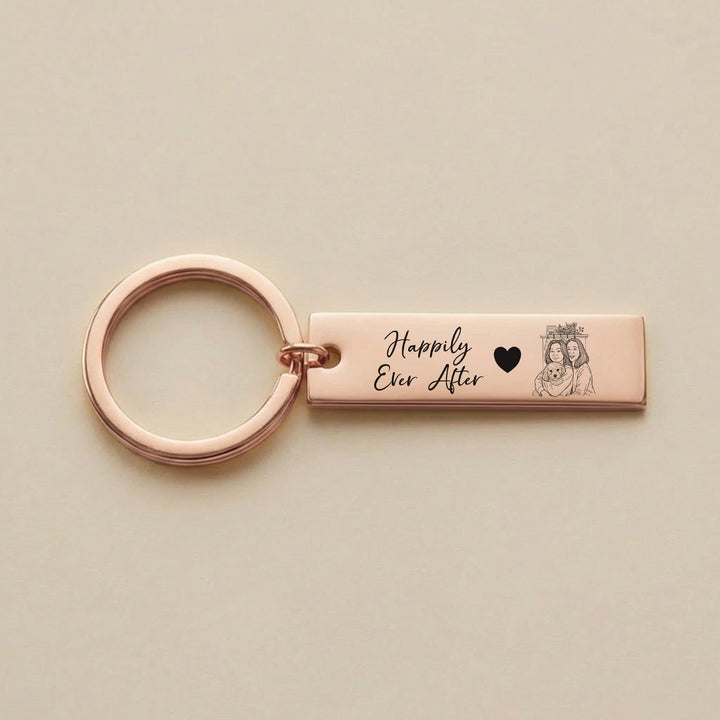 rose gold photo keyring with “happily ever after” engraving and couple portrait