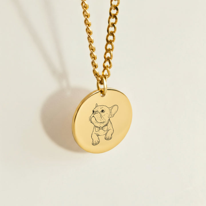 Dog Photo engraved on a gold disc pendant on curb chain