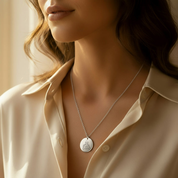 Woman wearing a necklace with a photo engraved pendant, close-up on her neck.