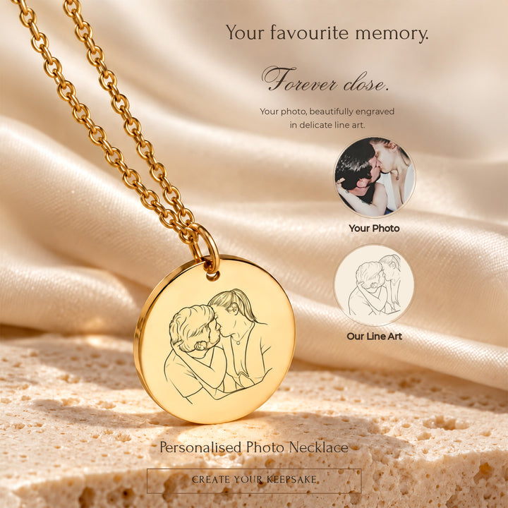 Your photo and our line art side by side on a gold photo necklace