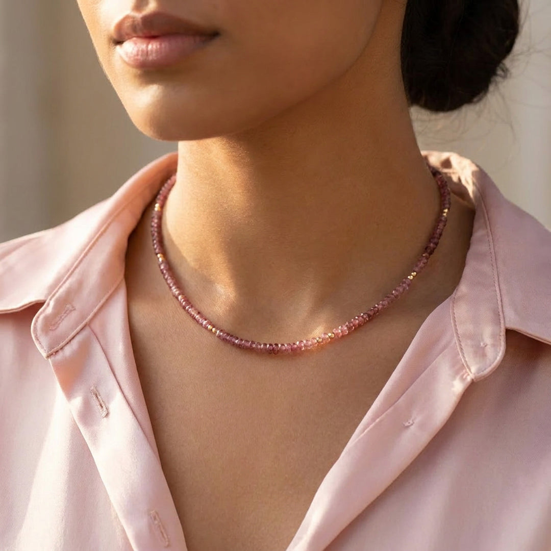 Real pink tourmaline necklace on model — hand-strung in our Chester studio, October birthstone
