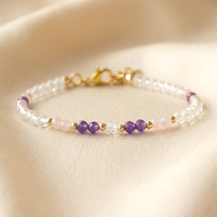 14K gold filled positive energy crystal bracelet — Clear Quartz, Rose Quartz, Amethyst — handmade UK