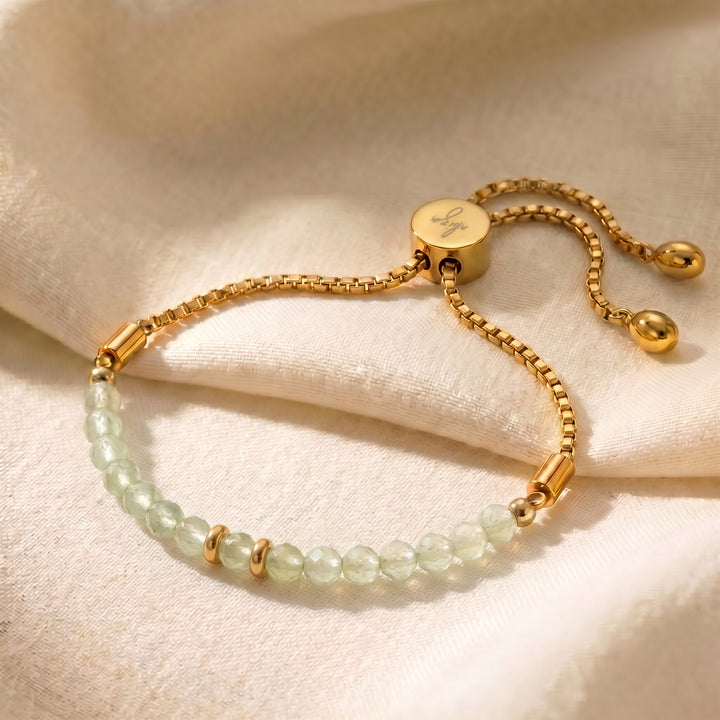 Gold prehnite bracelet with 4mm genuine pastel-green prehnite beads on adjustable slider chain