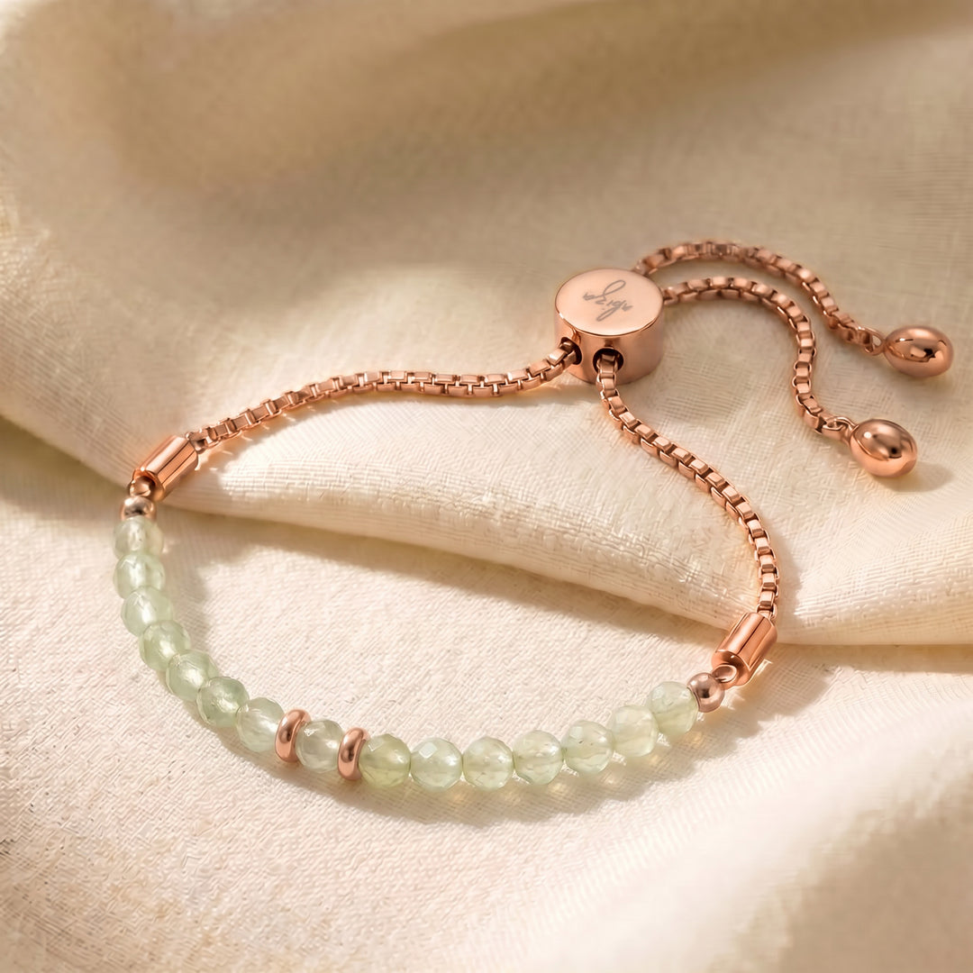 Rose gold prehnite bracelet with genuine prehnite beads, adjustable slider chain