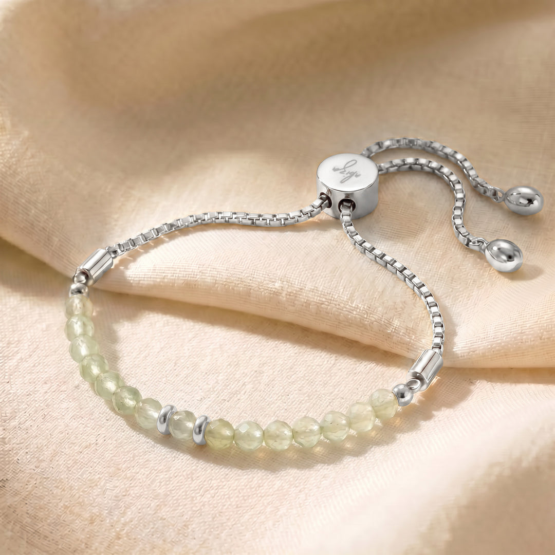 Silver prehnite bracelet with adjustable slider chain