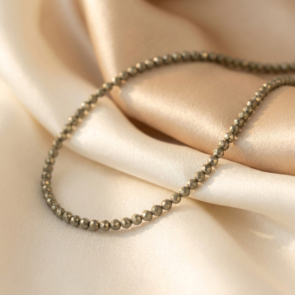 14K gold filled pyrite necklace close-up — 3mm diamond-cut Fool's Gold beads, pure strand with no spacers