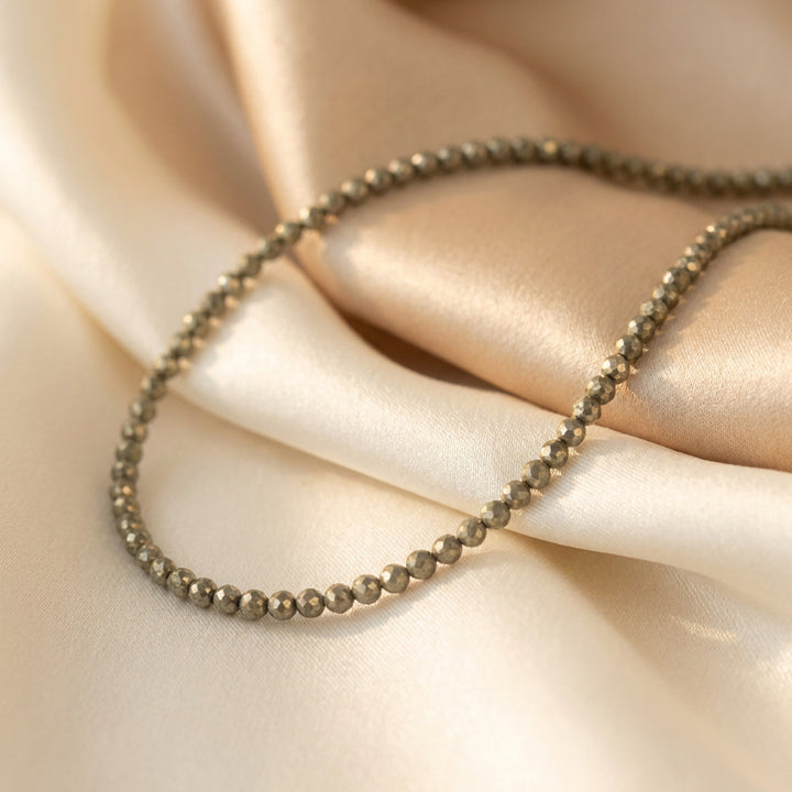 14K gold filled pyrite necklace close-up — 3mm diamond-cut Fool&