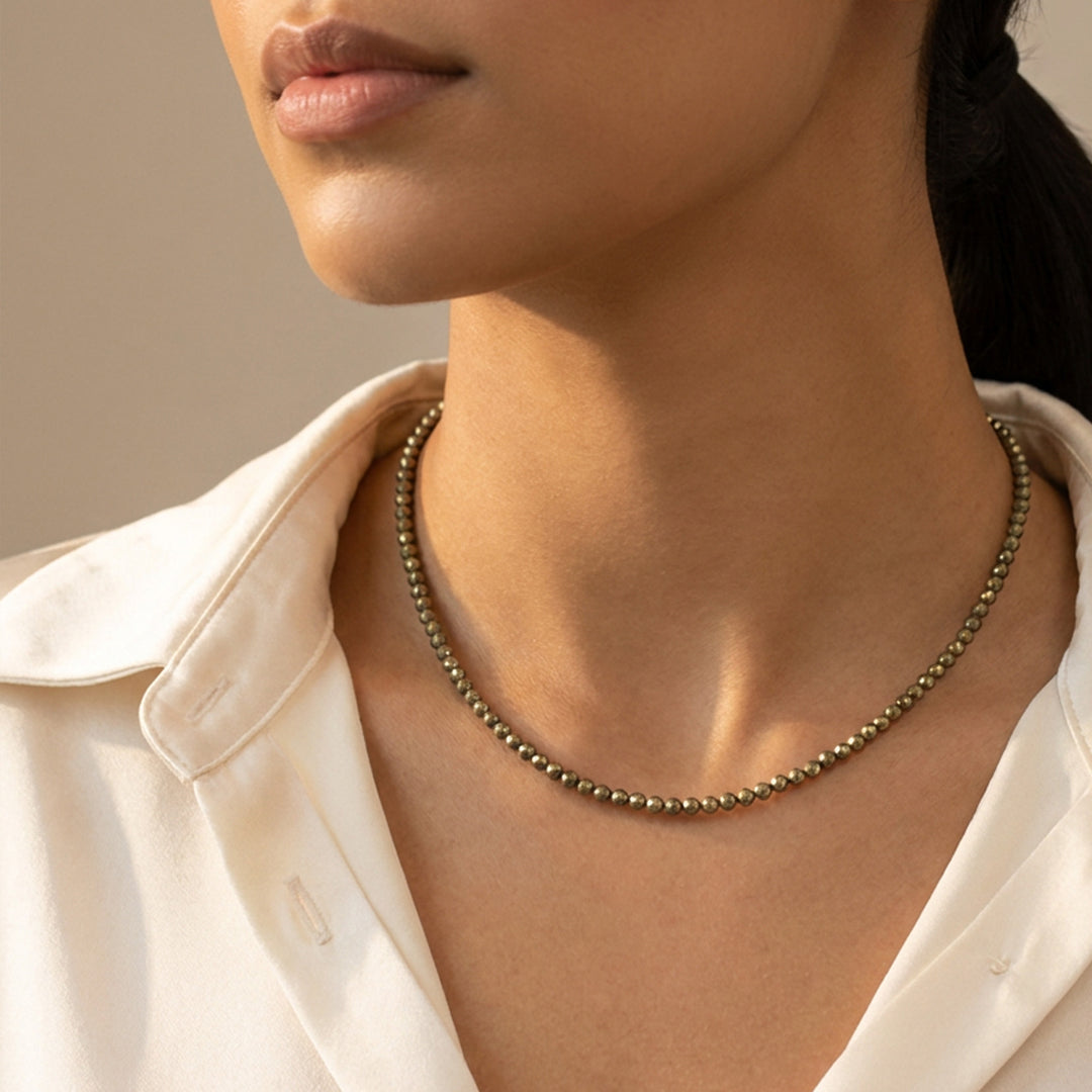 Real pyrite necklace on model — hand-strung in our Chester studio, Fool's Gold stone of abundance