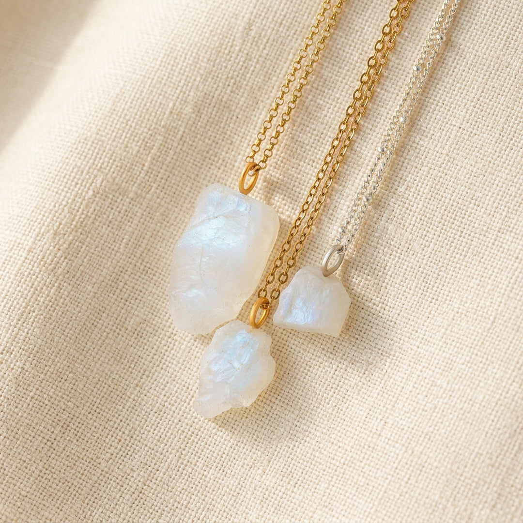 Raw Moonstone Pendant Necklaces on Gold and Silver Chains