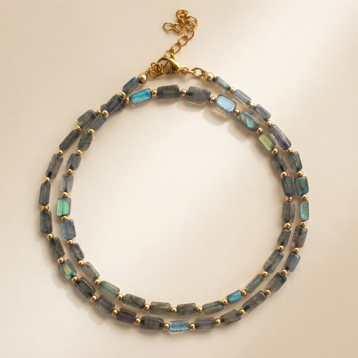 14K gold filled labradorite necklace close up— rustic rectangle beads, handmade
 piece