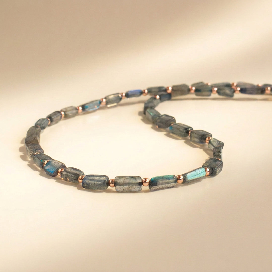 Rose gold filled labradorite necklace — hand-cut rectangle beads with matched 2mm rose gold spacers