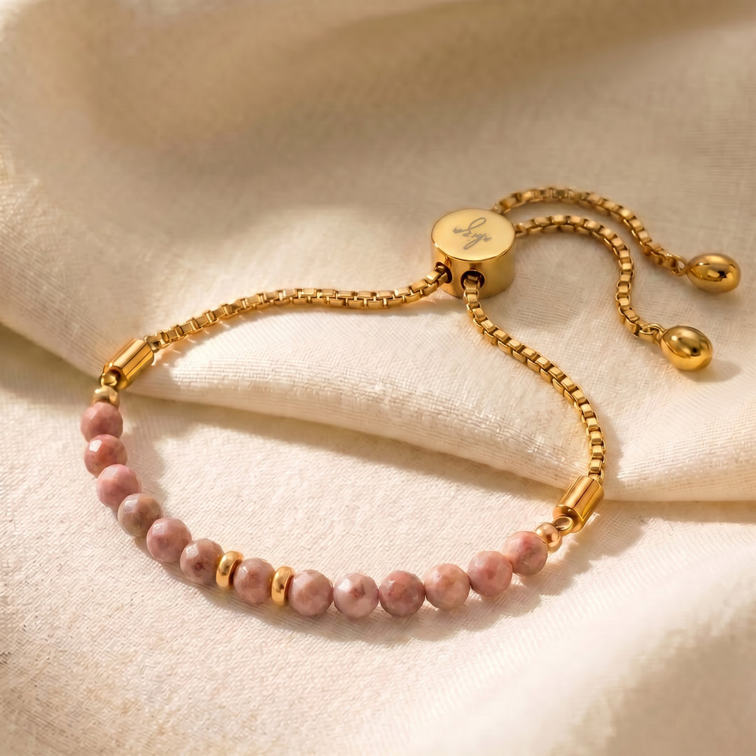 Gold rhodonite bracelet with 4mm genuine pink rhodonite beads on adjustable slider chain