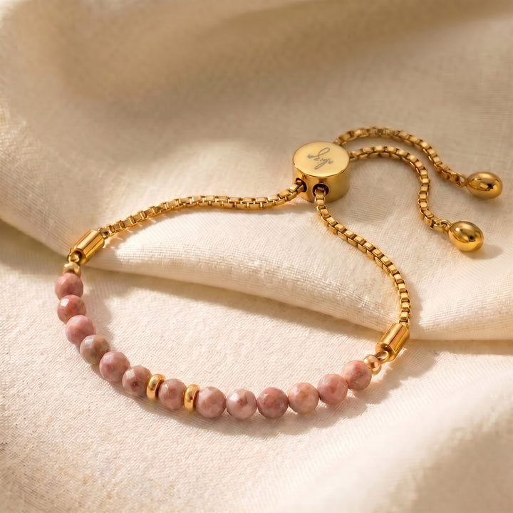 Gold rhodonite bracelet with 4mm genuine pink rhodonite beads on adjustable slider chain