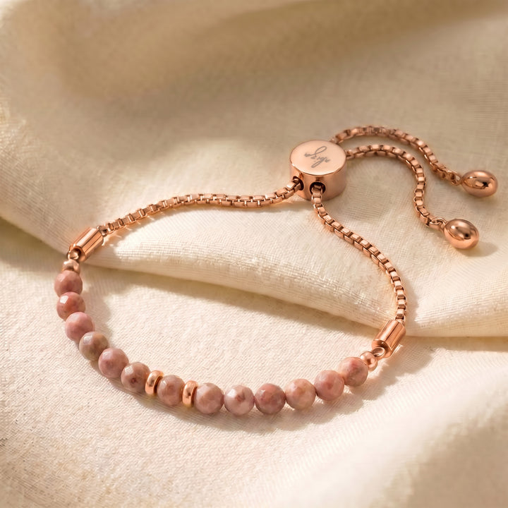 Rose gold rhodonite bracelet with genuine rhodonite beads, adjustable slider chain