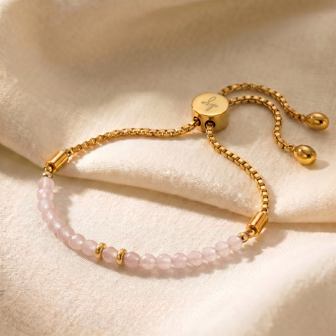 Gold rose quartz bracelet with 4mm genuine pink rose quartz beads on adjustable slider chain