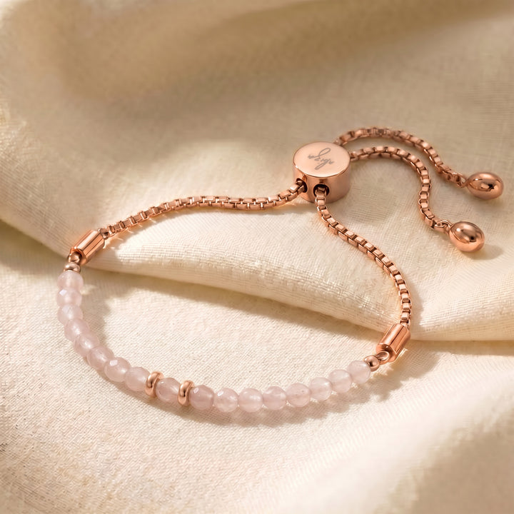 Rose gold rose quartz bracelet with genuine pink rose quartz beads, adjustable slider chain