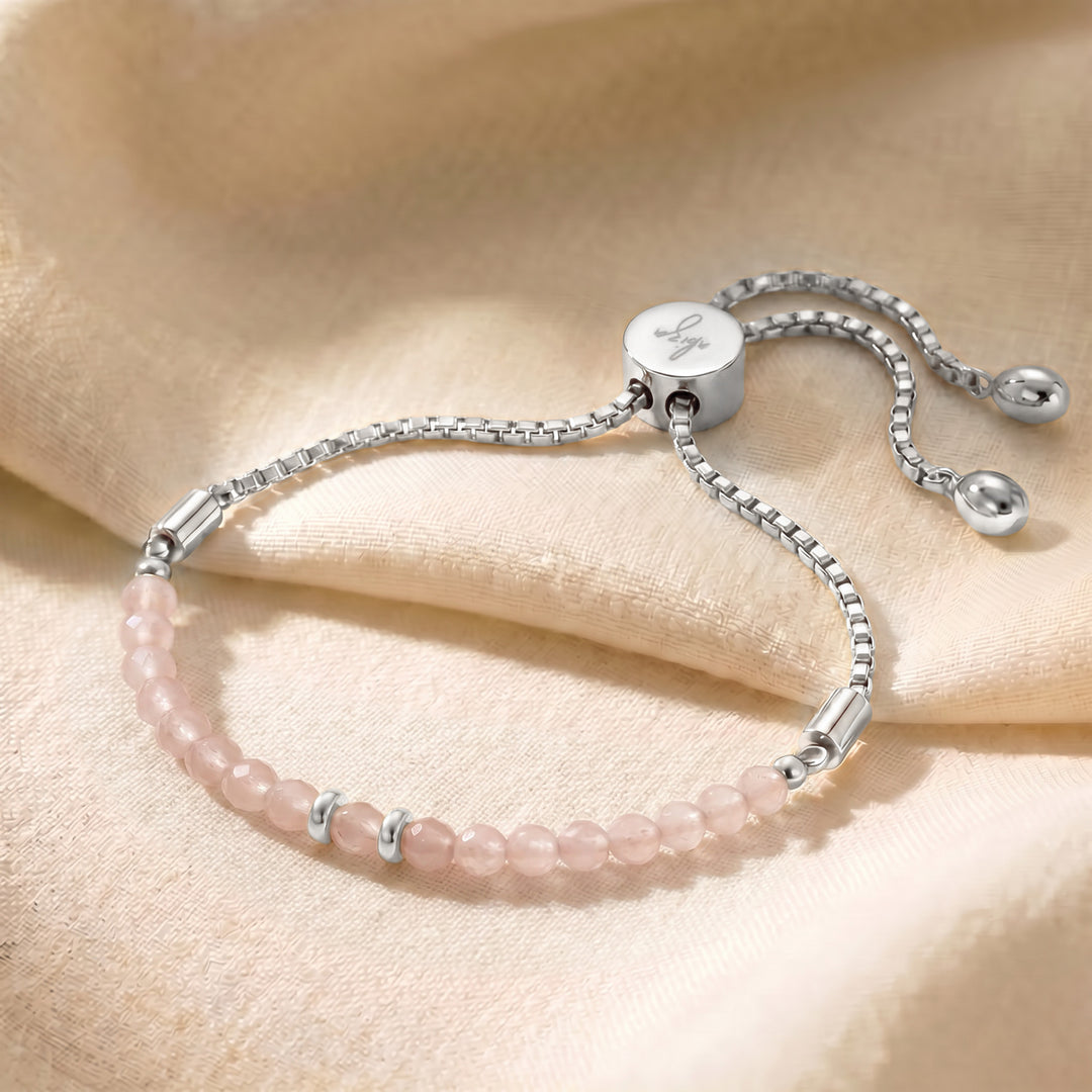 Silver rose quartz bracelet with adjustable slider chain
