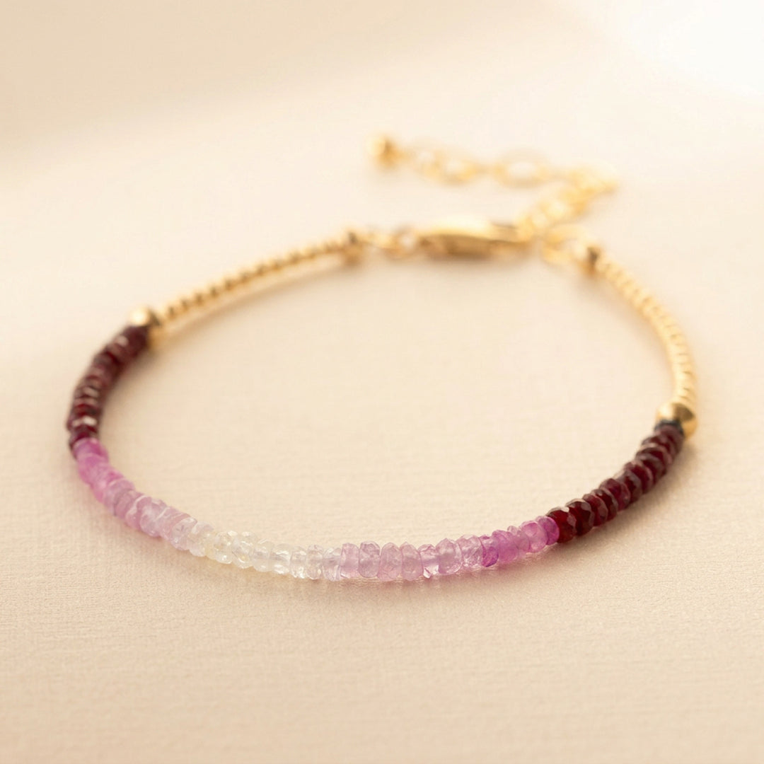 14K gold filled ombré ruby bracelet — hand strung ombré detail