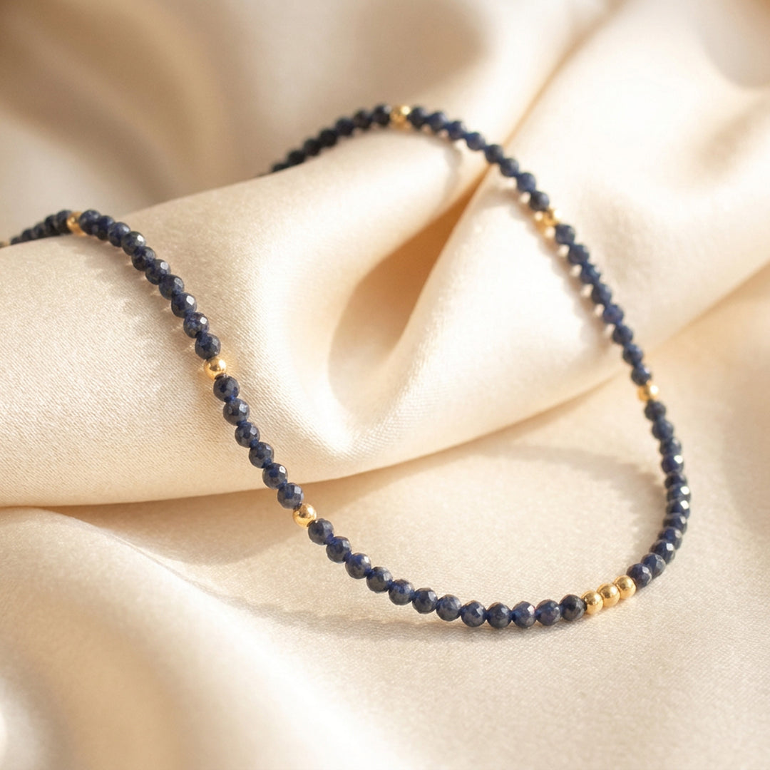 14K gold filled sapphire necklace close-up — 2.5mm diamond-cut natural untreated deep blue beads