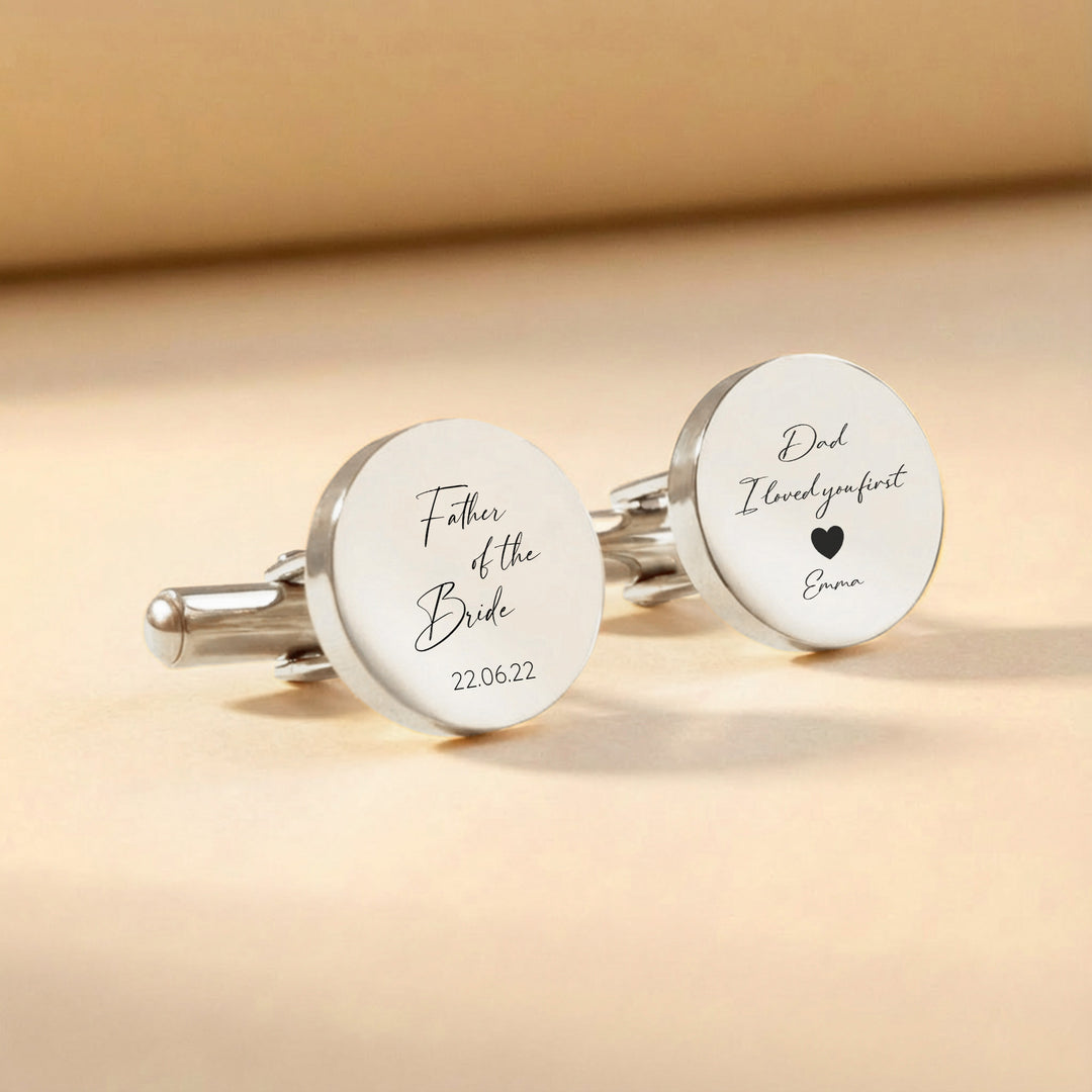 Silver Father of the Bride cufflinks with engraved wedding date and heart message
