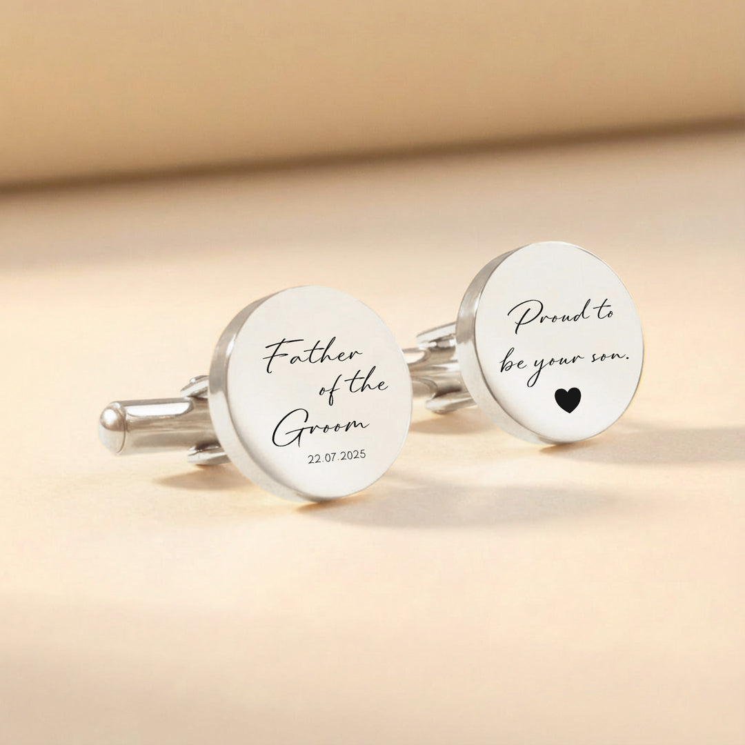 silver father of the groom cufflinks with engraved message