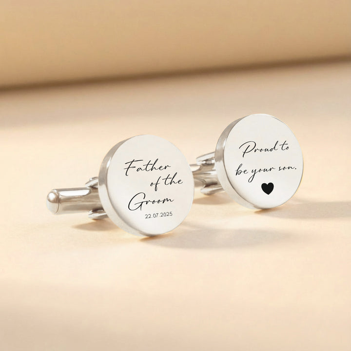 silver father of the groom cufflinks with engraved message