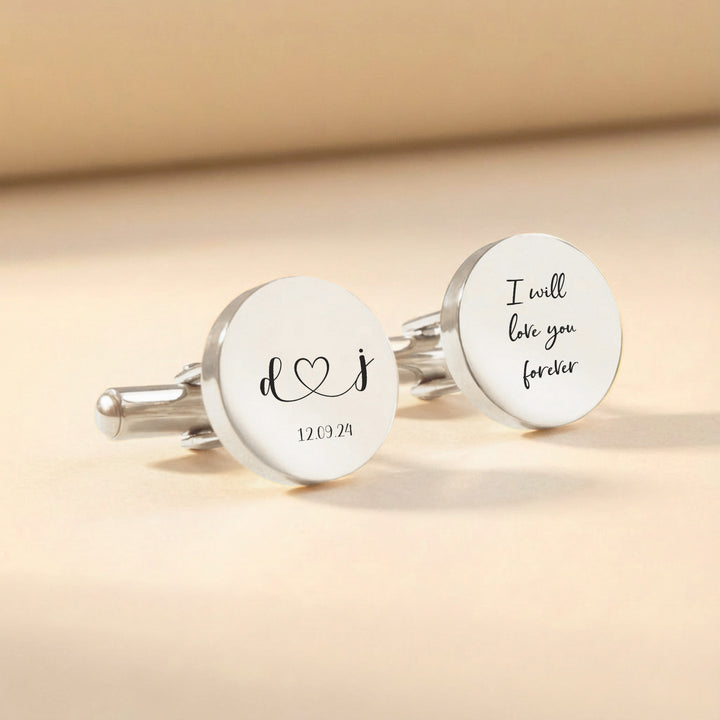 gold wedding cufflinks with couple initials and wedding date engraved