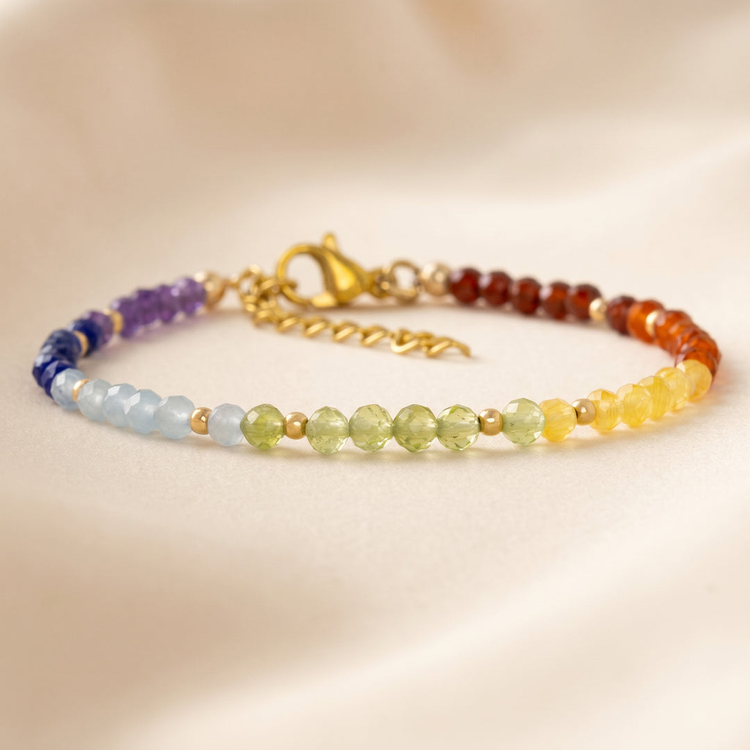 14K gold filled 7 chakra bracelet — Garnet, Carnelian, Lapis Lazuli, Amethyst and more, handmade UK