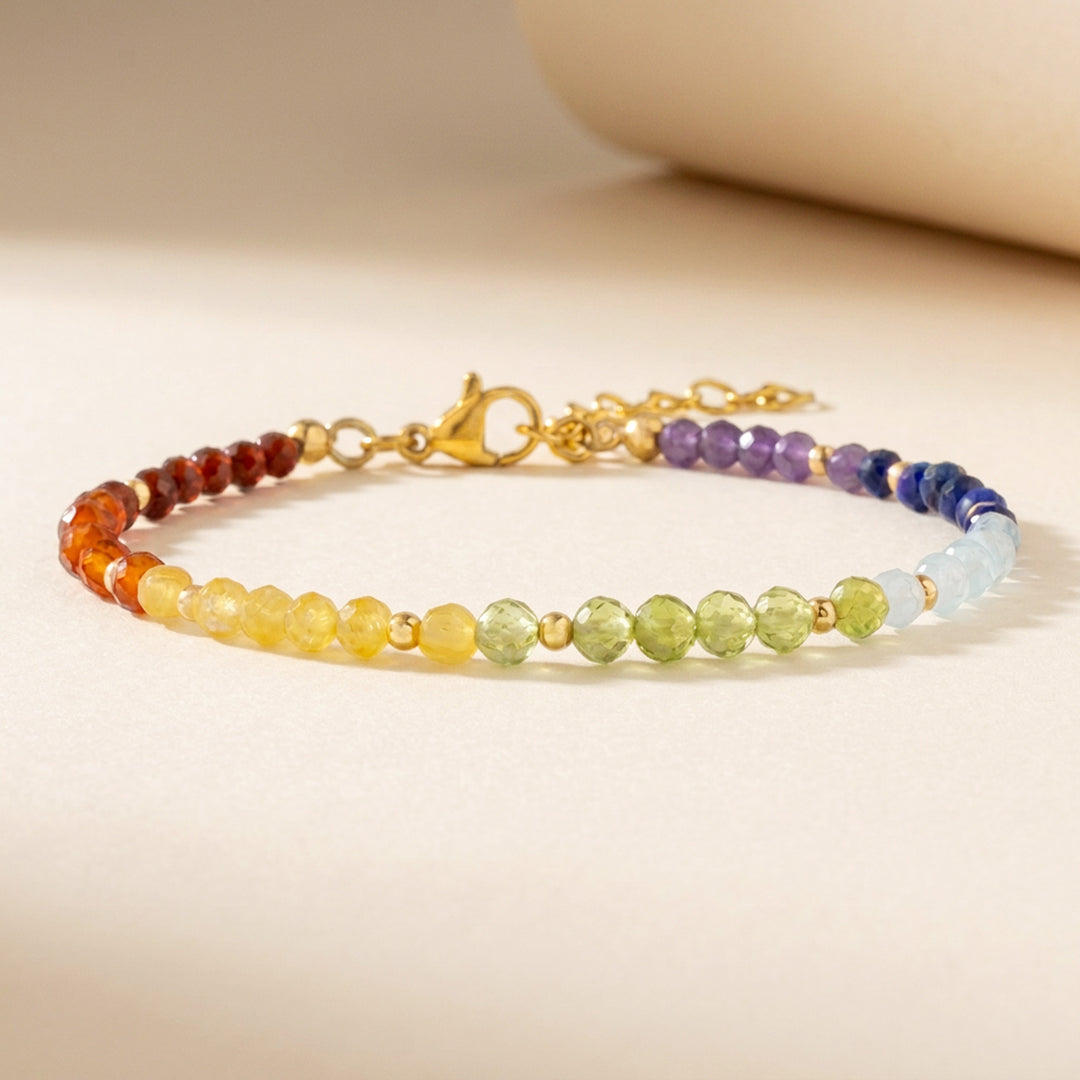 14K gold filled 7 chakra bracelet — Garnet, Carnelian, Lapis Lazuli, Amethyst and more, handmade UK
