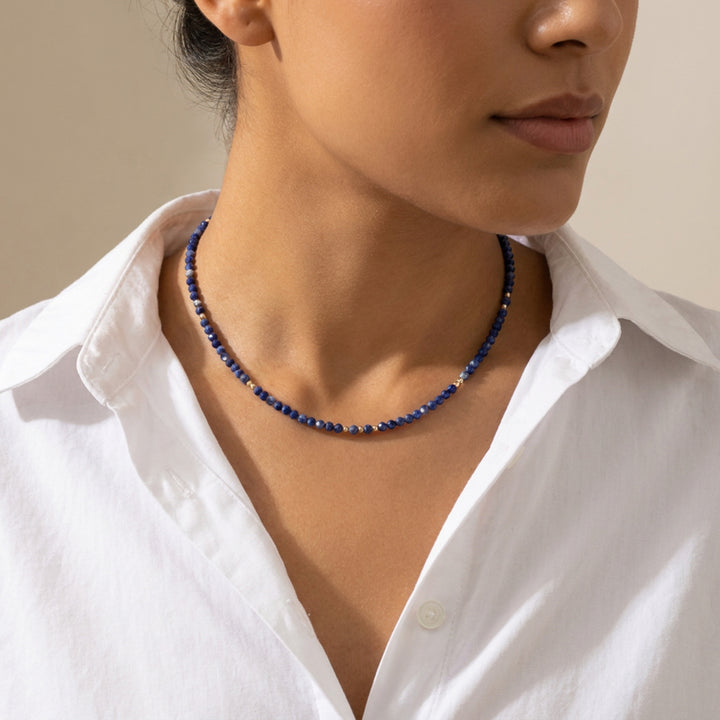 Sodalite necklace on model — three lengths available, choker to 18-inch