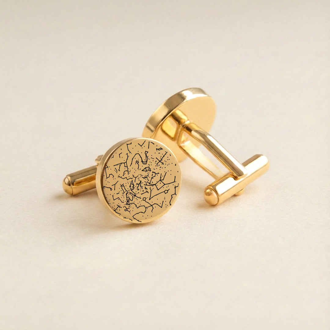 Gold star map cufflinks close-up round face