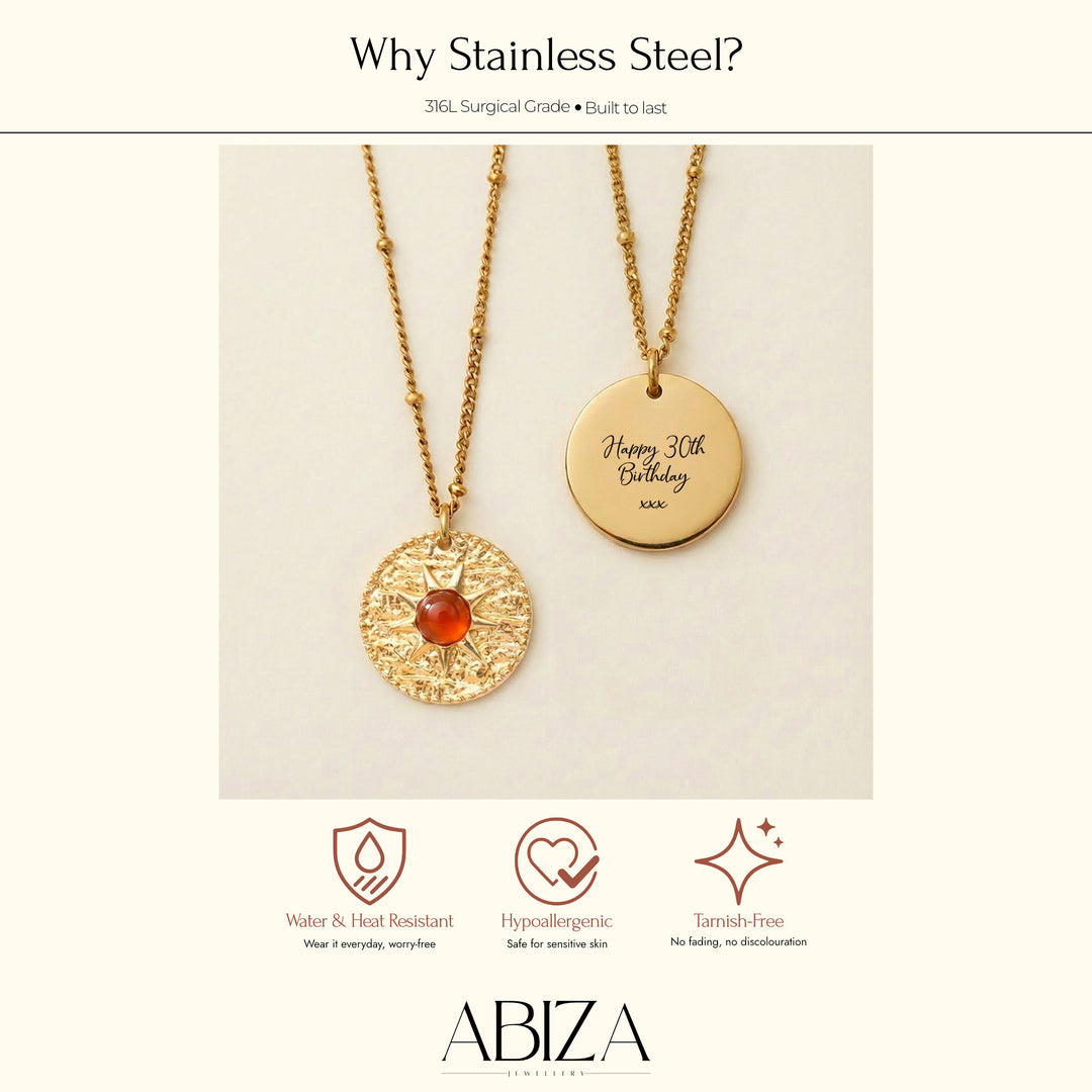 Abiza sun necklace — 316L surgical-grade stainless steel with 18K PVD plating, hypoallergenic and tarnish-free, with optional reverse engraving