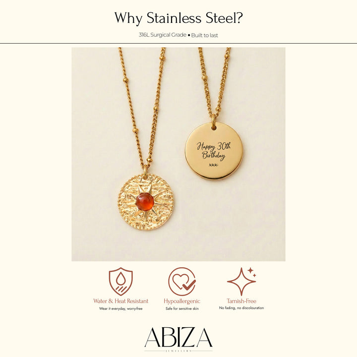Abiza sun necklace — 316L surgical-grade stainless steel with 18K PVD plating, hypoallergenic and tarnish-free, with optional reverse engraving