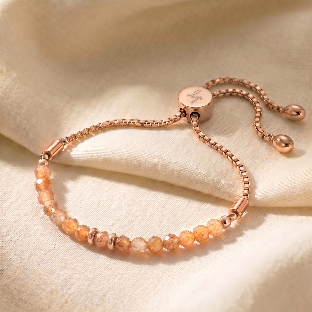Rose gold sunstone bracelet with genuine sunstone beads, adjustable slider chain
